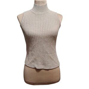 St Michael Marks Spencer S Beige Textured Knit Sleeveless Mock Neck Top Vintage